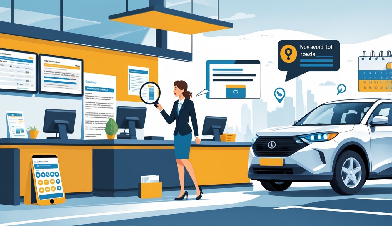 A person at a rental car counter quietly discussing details with an agent, with a rental car and related items nearby.