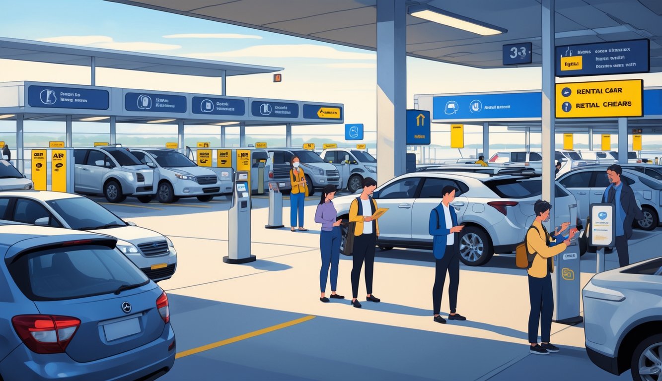 A busy airport rental car area with travelers and locals interacting with kiosks and rental agents, some discreetly checking rental details on phones, surrounded by parked rental cars.