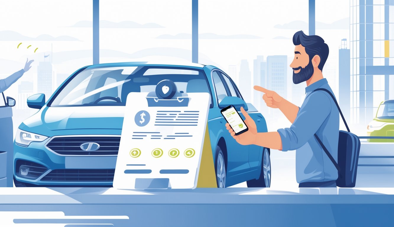 A local person discreetly pointing out cost-saving tips at a rental car counter while holding a smartphone showing a map, with a rental agent handing over car keys in a city setting.