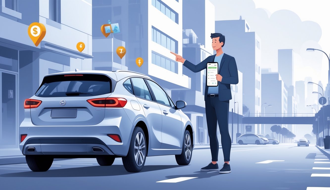 A local person quietly explaining to a renter how to avoid extra charges on a rental car parked on a city street.