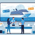 Two travelers discuss cruise booking options with a cruise operator at a desk, with a digital screen showing a cruise ship and price tags in the background.
