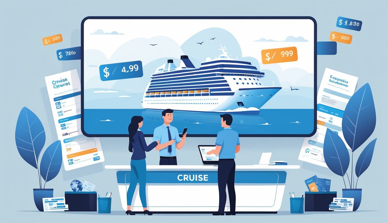 Two travelers discuss cruise booking options with a cruise operator at a desk, with a digital screen showing a cruise ship and price tags in the background.