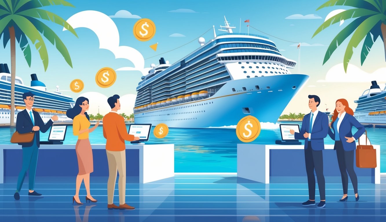 Two groups of travelers booking cruises with a large cruise ship in the background, showing one group paying higher prices directly and another group getting better deals through agents or online.