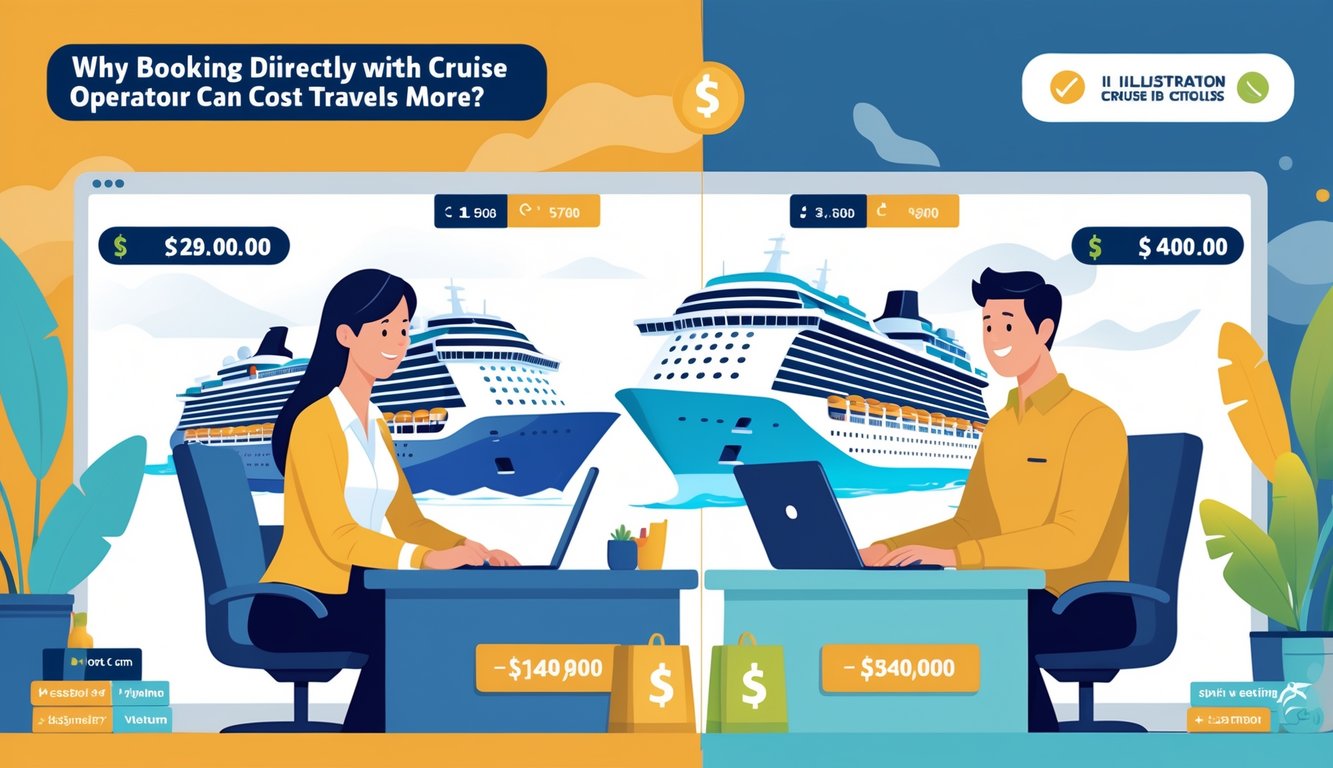 A traveler compares prices between booking directly with a cruise operator at an office and booking online through a travel agency, showing higher costs at the cruise operator side.