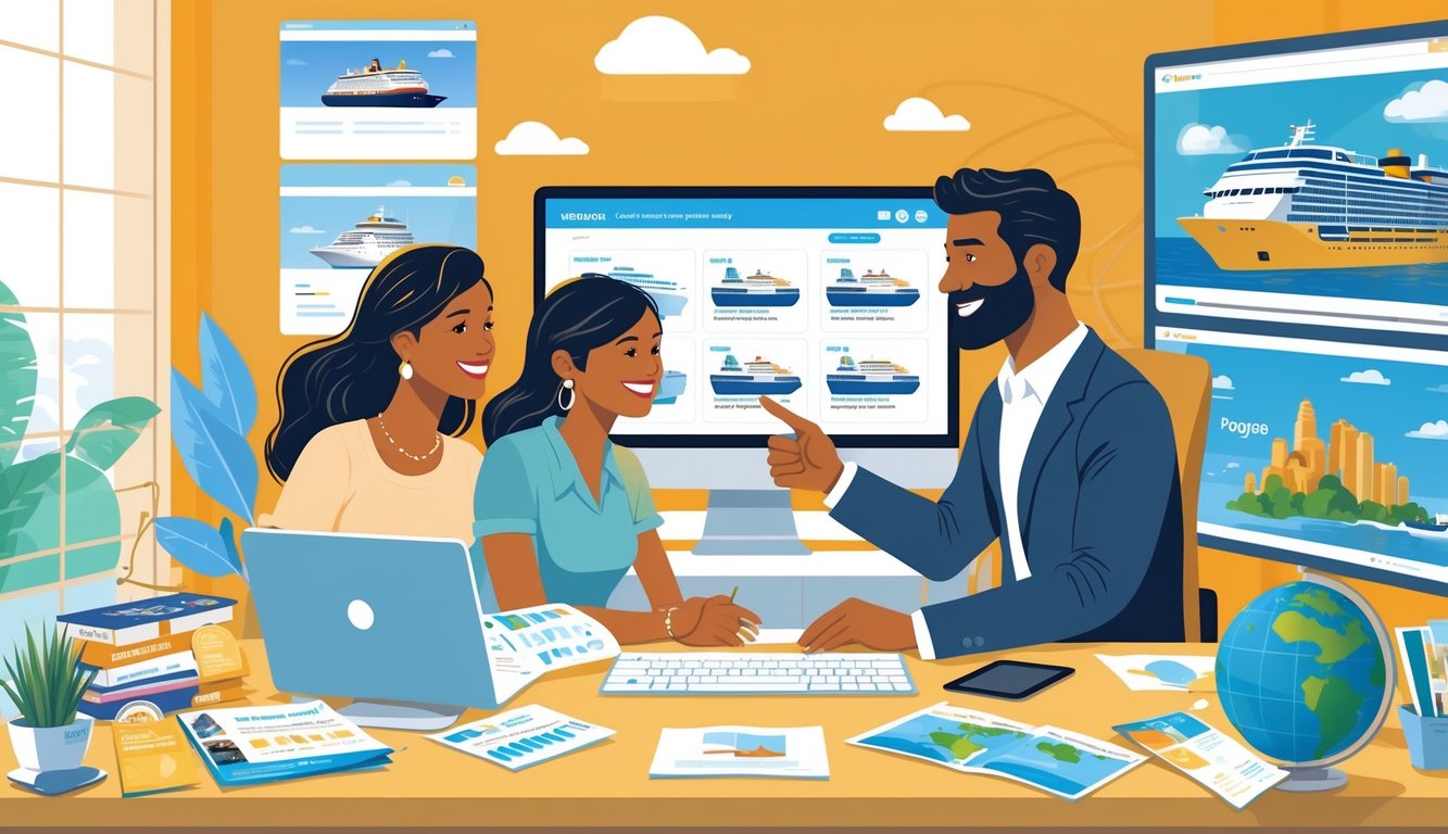 A travel agent helping a couple plan a cruise trip in an office, showing personalized service and expert advice.
