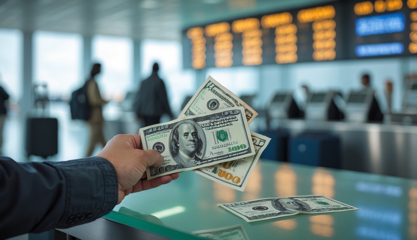 Traveler exchanging U.S. dollars for foreign currency at an airport currency exchange counter with a digital exchange rate board in the background.