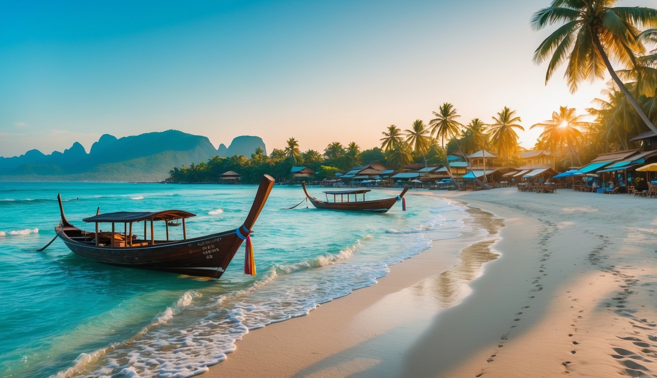 A peaceful Southeast Asian beach with turquoise water, wooden boats, palm trees, and a small colorful village in the background under warm sunlight.