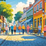 A sunny street in a friendly neighborhood with colorful shops and people walking, talking, and biking, showing a safe and welcoming local community.