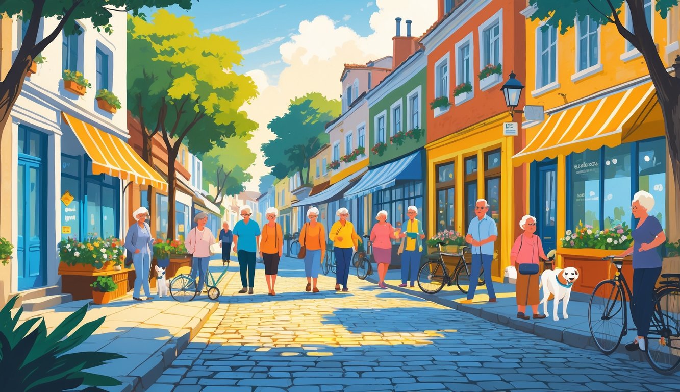 A sunny street in a friendly neighborhood with colorful shops and people walking, talking, and biking, showing a safe and welcoming local community.