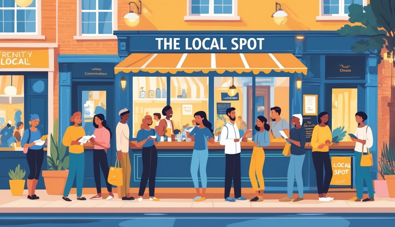 A lively neighborhood café filled with friendly locals enjoying conversations and a safe, welcoming street scene.