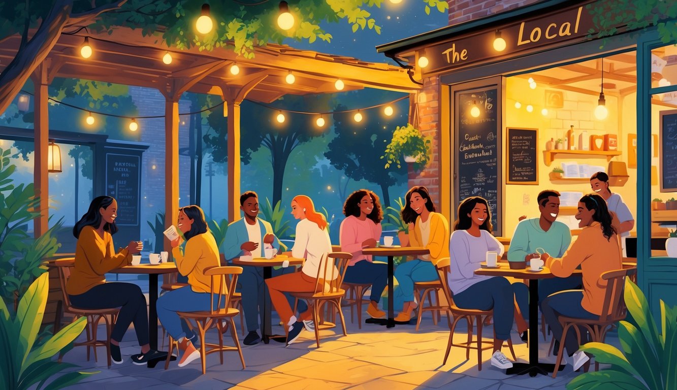 A warm neighborhood café with locals talking and enjoying coffee at wooden tables inside and outside under string lights, surrounded by plants and cozy décor.