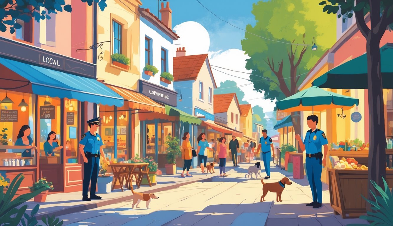A lively street in a small town with locals chatting, walking dogs, children playing, and a police officer greeting residents, showing a safe and welcoming community.