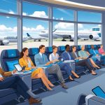 A group of travelers in an airport lounge sitting in spacious seats and using devices to select or upgrade their seats, with airline staff assisting them and airplanes visible outside large windows.