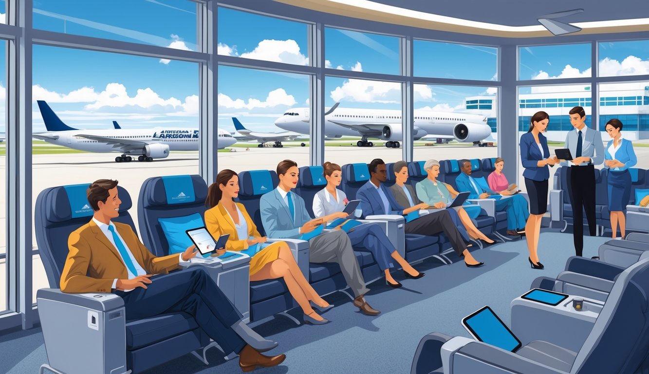 A group of travelers in an airport lounge sitting in spacious seats and using devices to select or upgrade their seats, with airline staff assisting them and airplanes visible outside large windows.