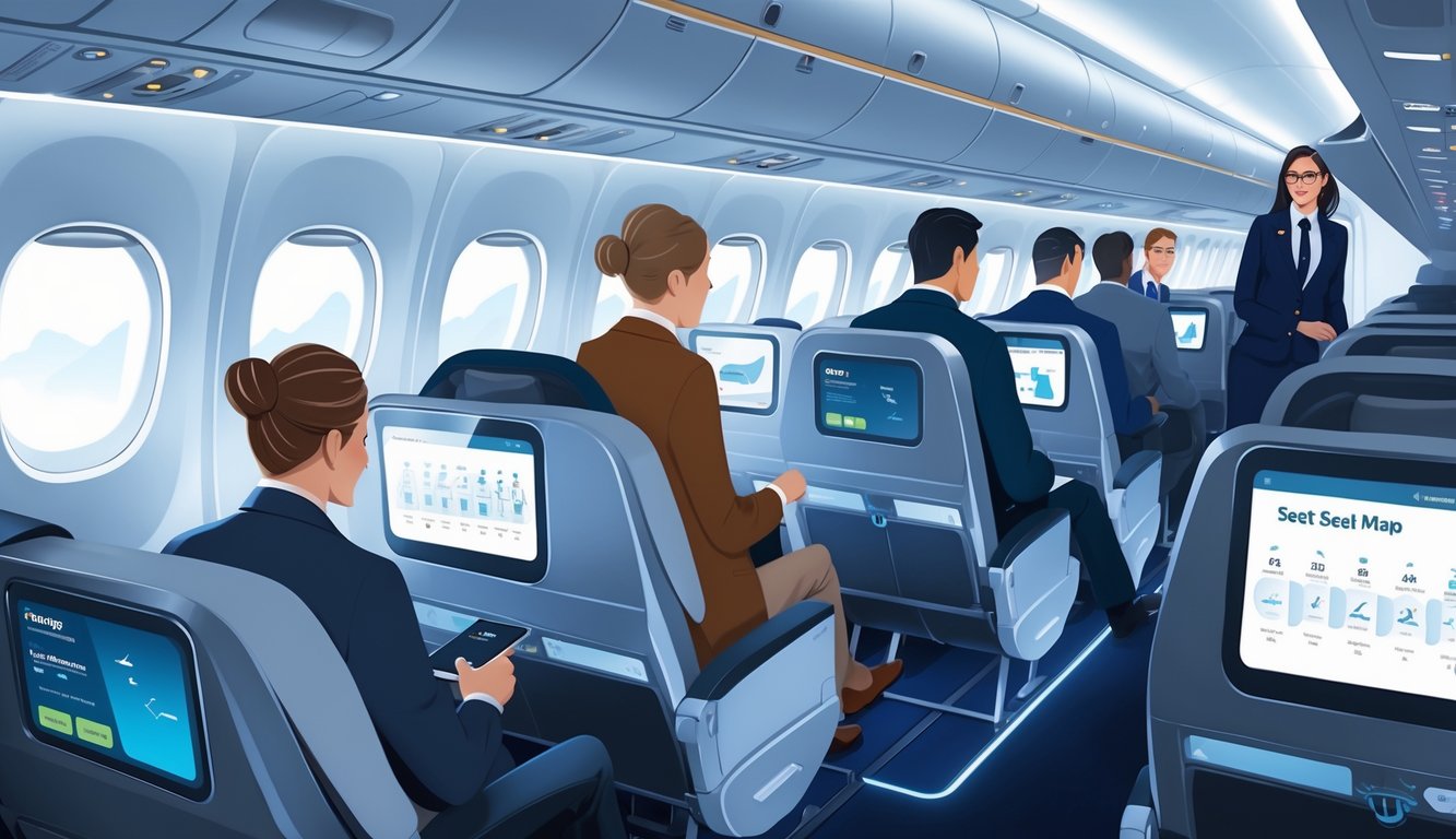 Passengers selecting seats on a digital seat map inside an airplane cabin, with travelers enjoying different seat perks like extra legroom, window views, and workspace.