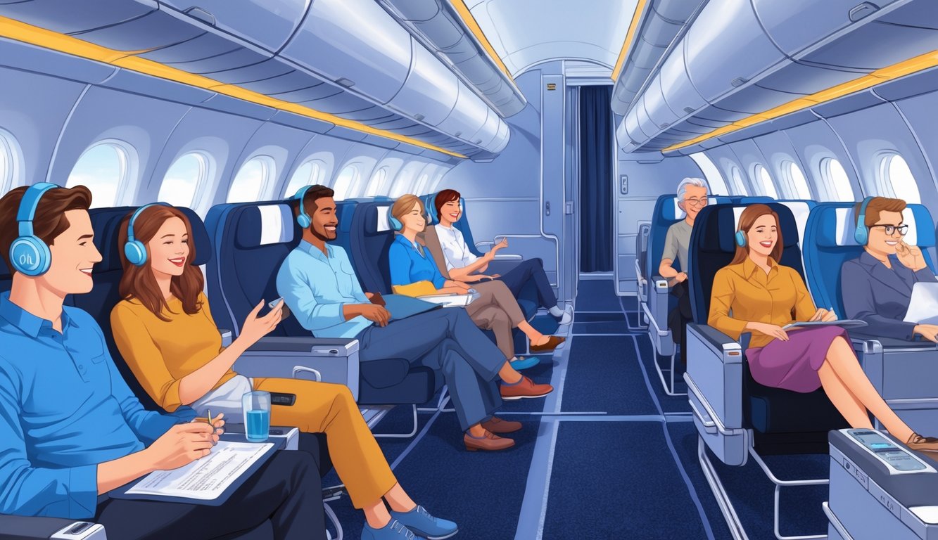Inside an airplane cabin, passengers are comfortably seated enjoying extra legroom and adjustable seats, with some choosing window or aisle seats that offer additional perks.