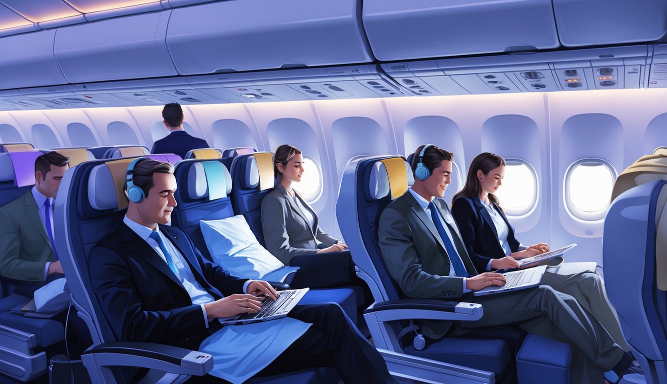 Inside view of a long-haul airplane cabin showing passengers seated comfortably with highlighted seats indicating special perks and features.