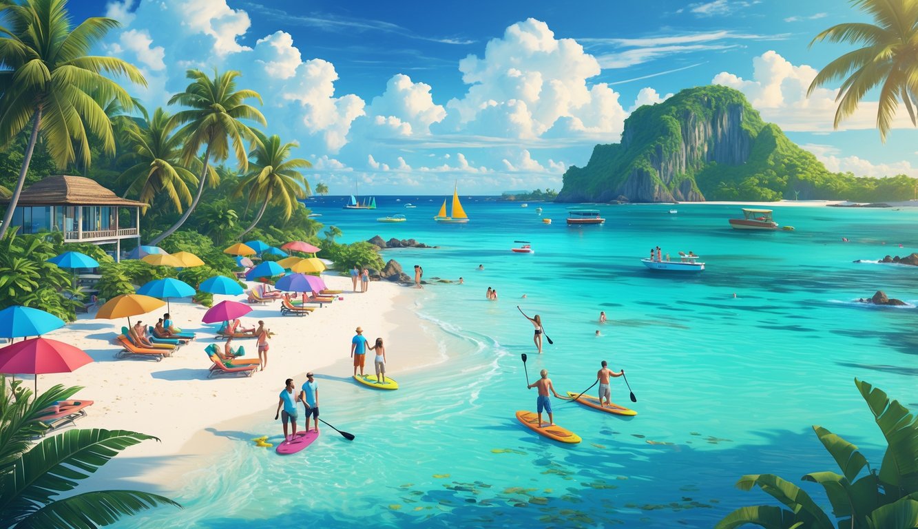 A tropical island beach with clear blue water, palm trees, and tourists enjoying activities like snorkeling and relaxing on the sand.