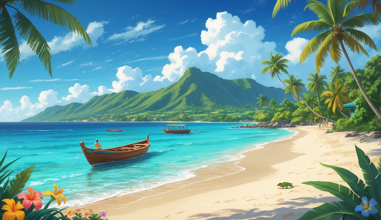 A tropical beach scene in Puerto Rico with turquoise water, white sand, palm trees, mountains in the background, a wooden boat near the shore, and colorful flowers in the foreground.