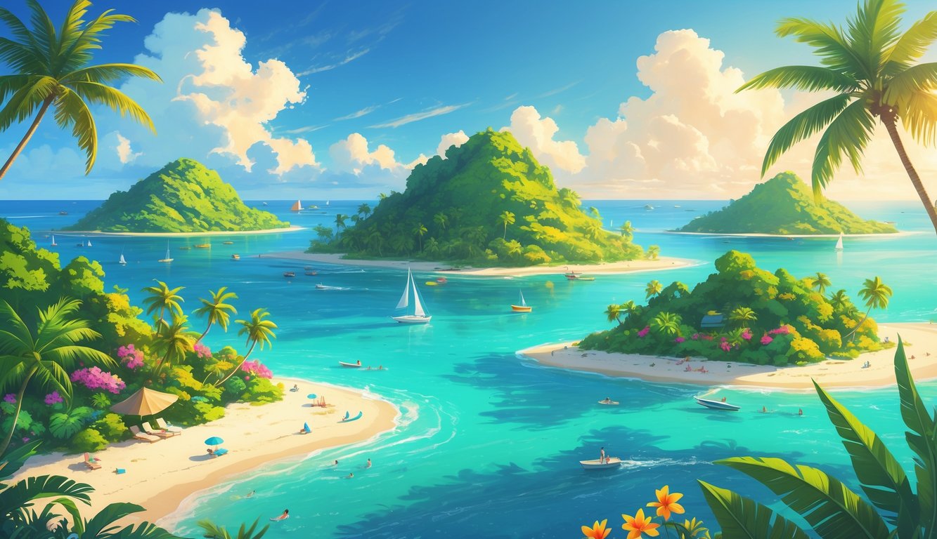 Three tropical islands with palm trees, white sandy beaches, clear blue water, boats, and people enjoying beach activities under a sunny sky.