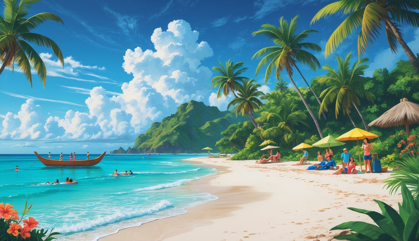 A tropical beach in Guam with clear blue water, palm trees, and people enjoying activities like snorkeling and relaxing on the sand.