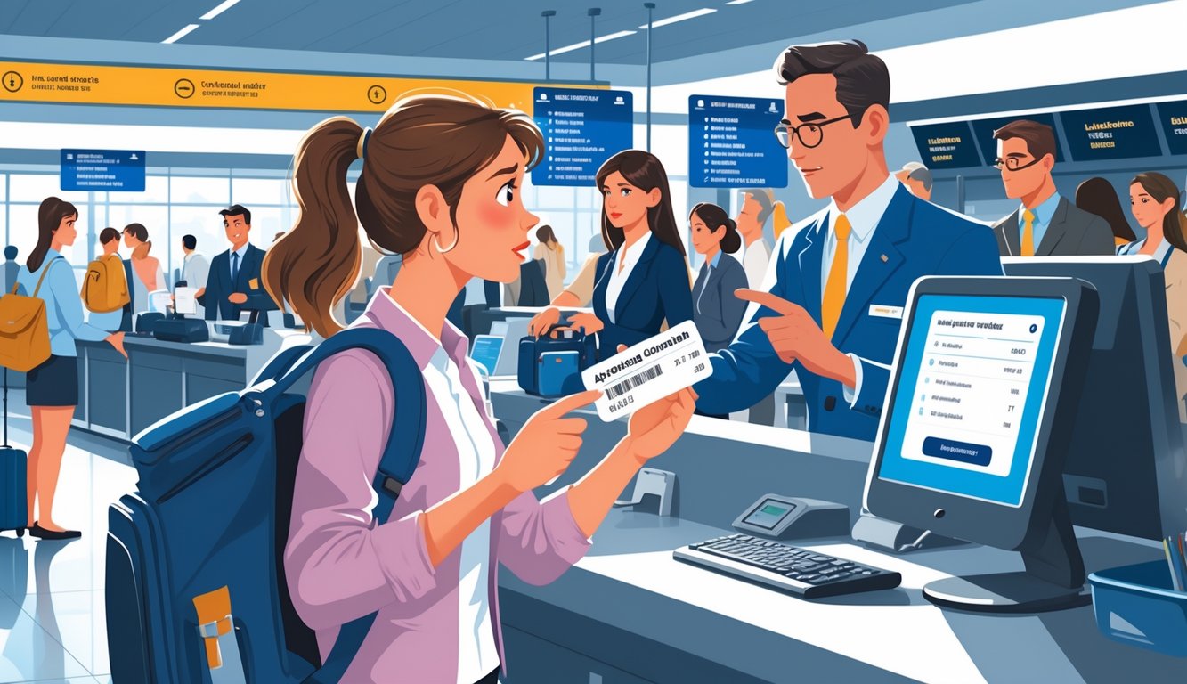 A traveler at an airport check-in counter looks confused while airline staff assist with a boarding pass that has a name error.