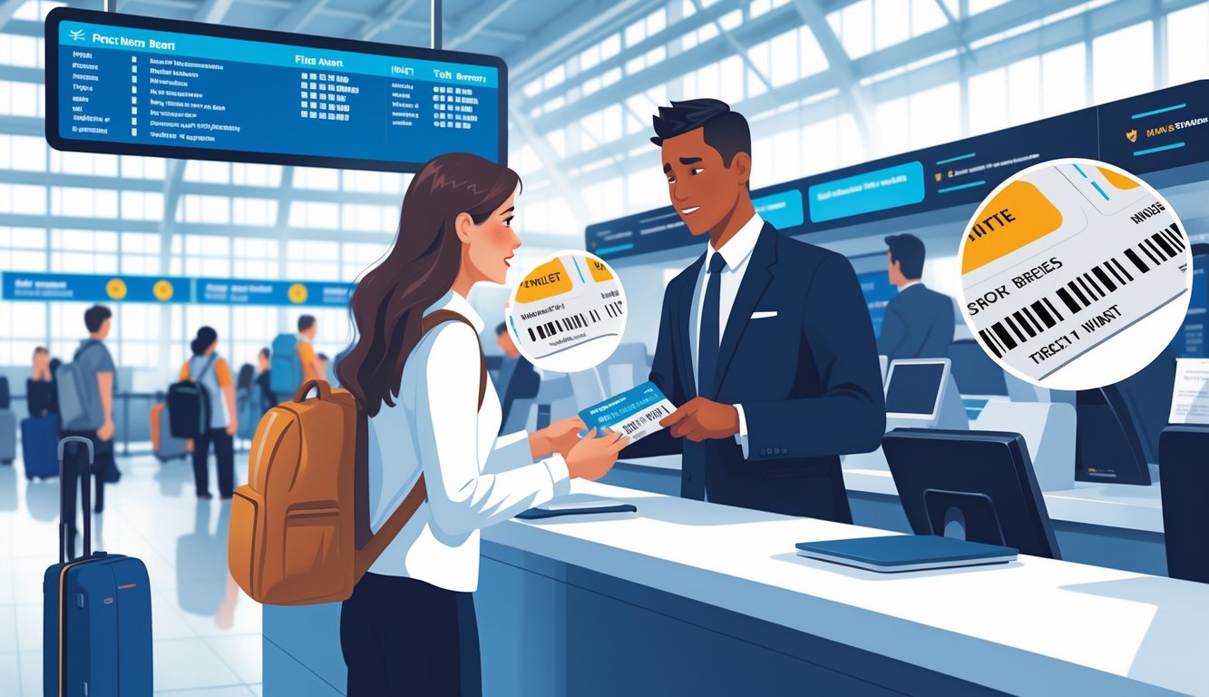 A traveler at an airport check-in counter talking to an airline staff member about a problem with their ticket name while other passengers wait nearby.