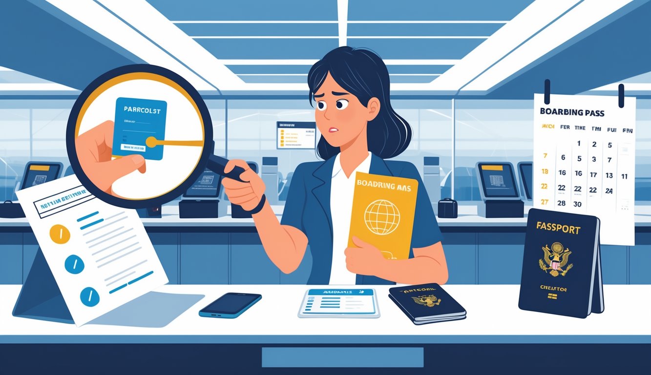A traveler at an airport check-in counter discussing a name issue on a boarding pass with an airline agent.