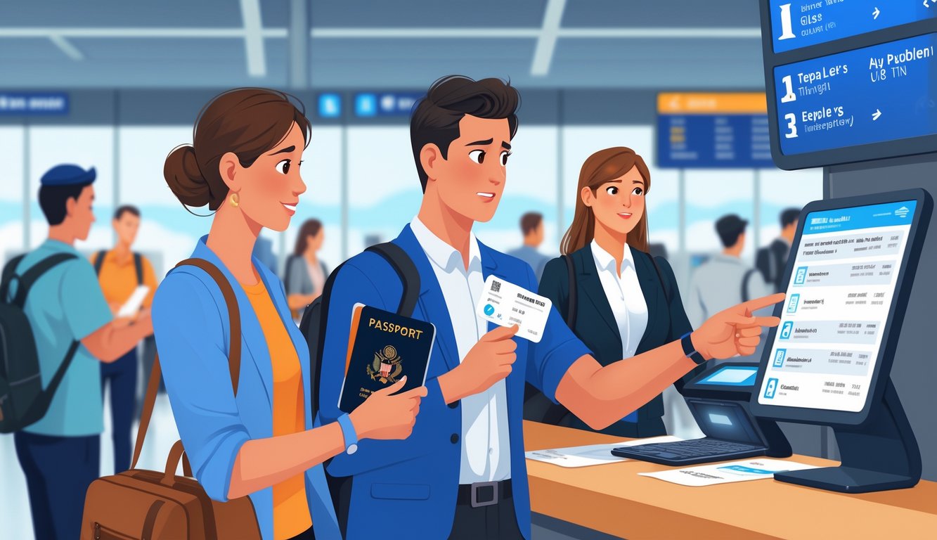 A traveler at an airport check-in counter looks concerned while an airline agent points to a boarding pass, indicating a name issue.