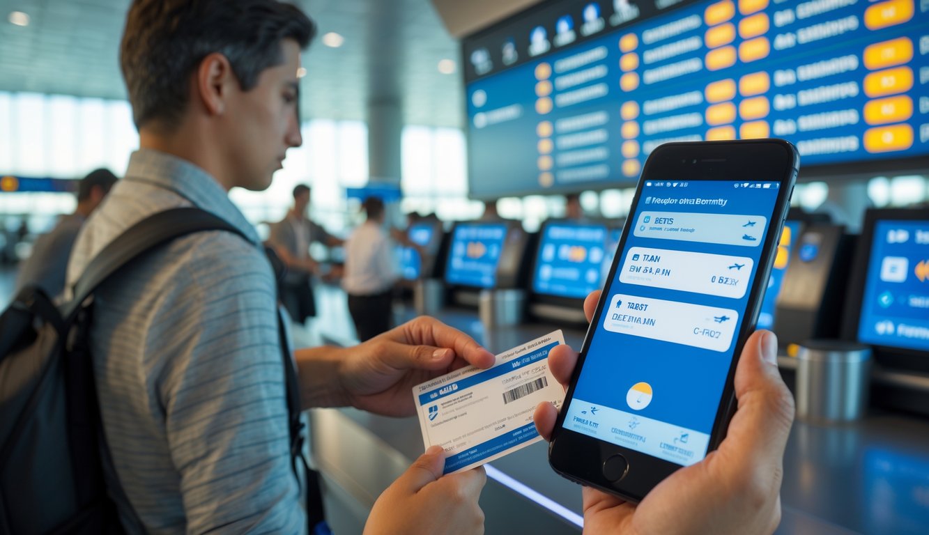 Passengers in an airport departure lounge looking concerned while checking flight information on screens and mobile devices.