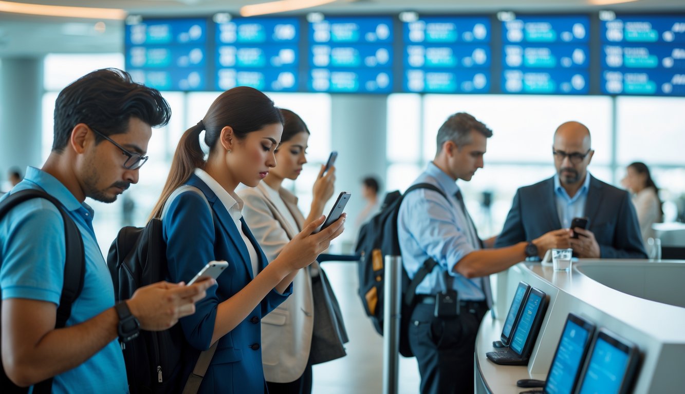 Passengers in an airport departure lounge looking concerned while checking flight information and talking to airline staff at a service desk.