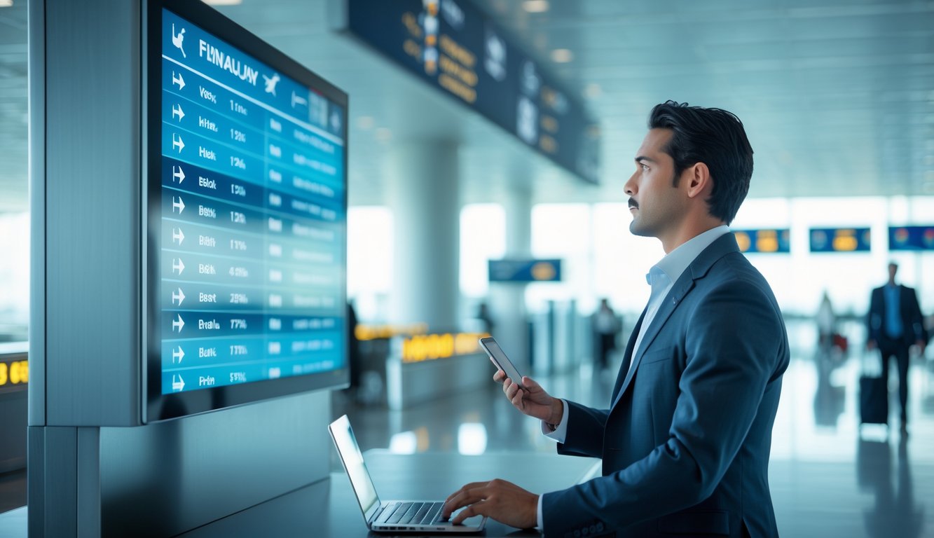 A business traveler looking at a digital flight information screen in an airport, with a laptop and smartphone nearby.