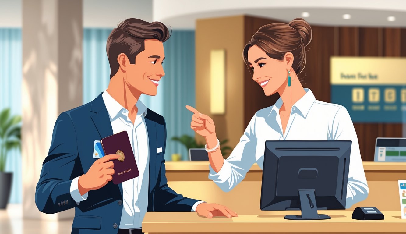A traveler quietly talks to a hotel receptionist at the check-in desk in a modern hotel lobby.
