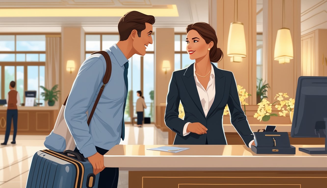 A traveler quietly speaking with a hotel receptionist at the check-in desk in a hotel lobby.