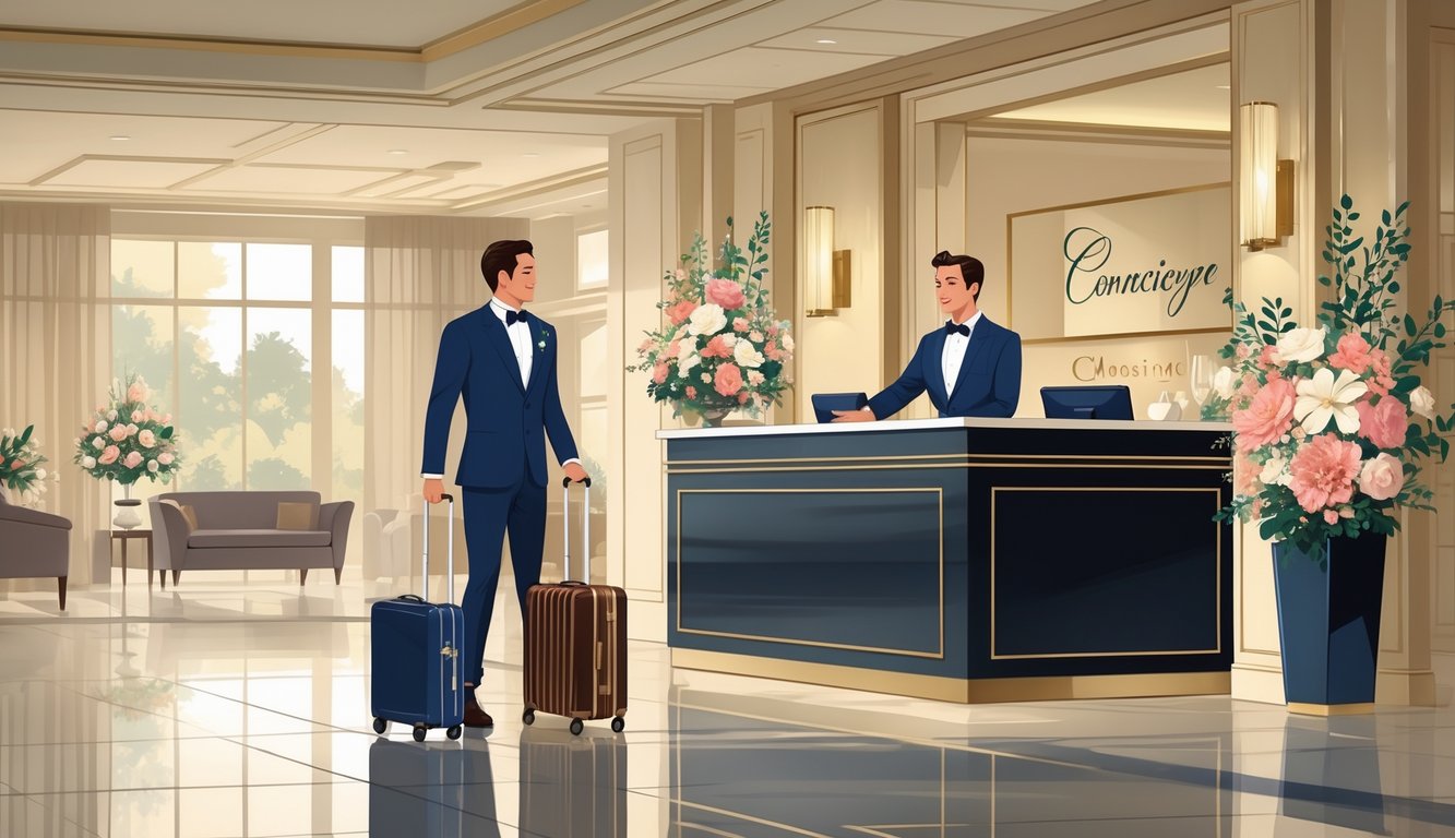 A hotel guest talks with a concierge at the reception desk in a luxurious hotel lobby decorated for a special occasion.
