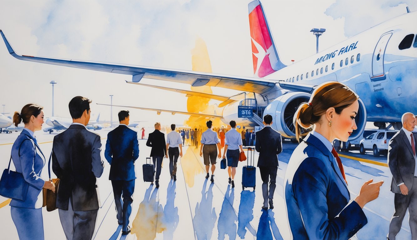 A busy airport boarding gate with flight attendants avoiding one boarding zone while passengers board an airplane efficiently.