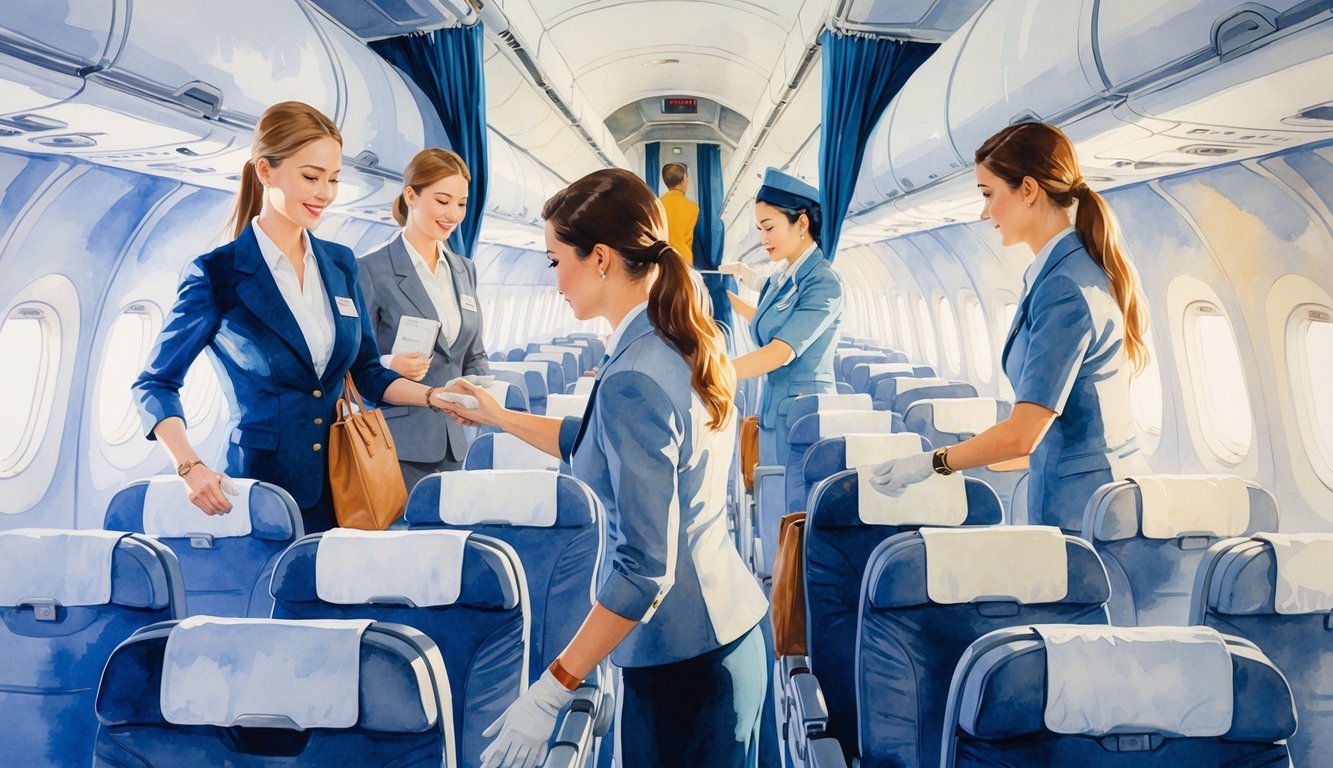 Passengers boarding an airplane with flight attendants assisting them in the aisle inside the airplane cabin.