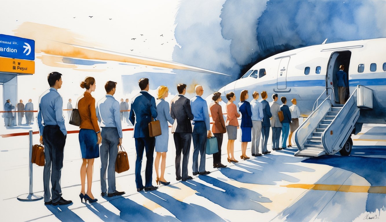 Passengers waiting in line to board an airplane while flight attendants assist nearby, with one boarding zone avoided for faster service.