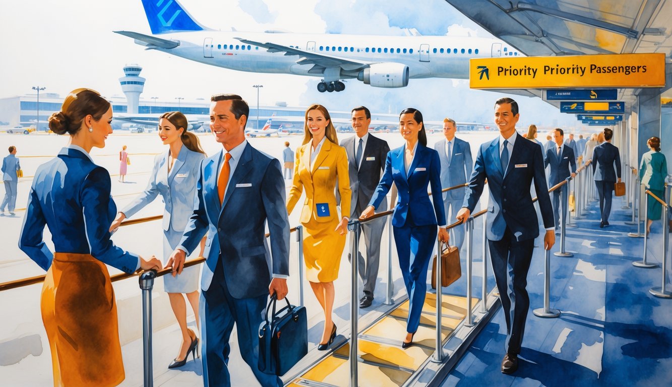 A scene at an airport boarding gate where priority passengers are boarding an airplane with flight attendants assisting nearby.