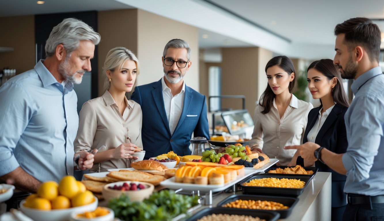 Guests at a hotel breakfast buffet with a staff member explaining options, showing a variety of breakfast foods on display.