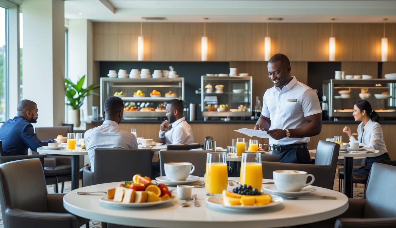 Guests enjoying breakfast in a modern hotel dining area with a buffet and a staff member serving food.