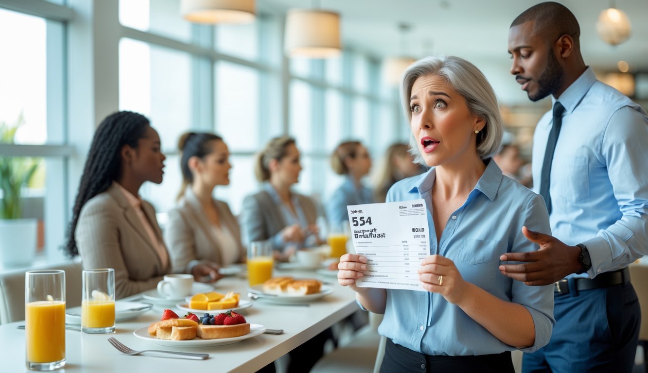 A hotel guest looks surprised while a staff member explains charges near a breakfast buffet where other guests are eating.