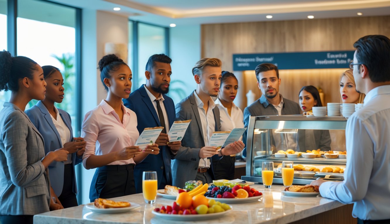 Hotel guests showing surprise and concern while interacting with staff in a modern breakfast area.