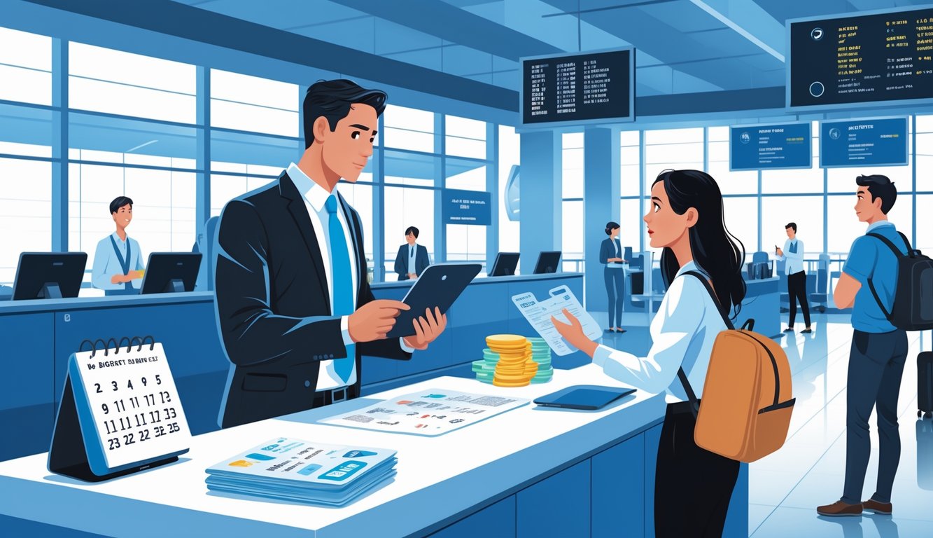 A passenger speaking with an airline agent at an airport counter about refund policies, with travelers and flight information screens in the background.