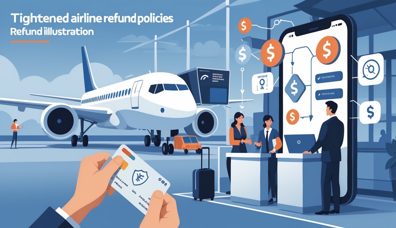 A traveler at an airport looking concerned while holding a boarding pass and credit card, with an airplane at the gate and airline staff assisting passengers nearby, symbolizing tightened airline refund policies.