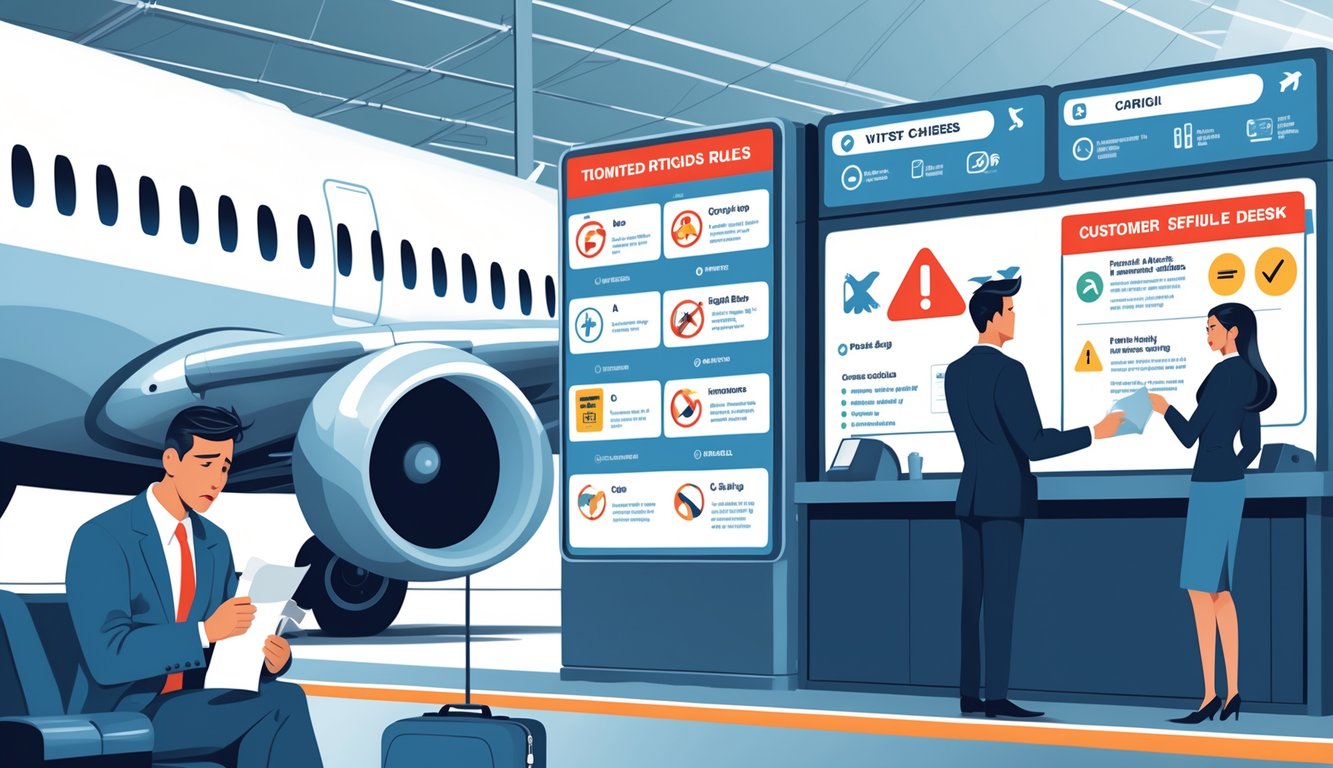 A traveler at an airport looks concerned while reviewing documents near a plane at the gate, with an information board showing fee categories and a customer service agent assisting another passenger.