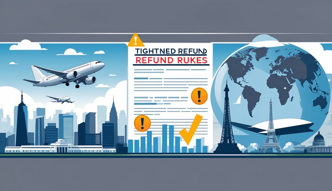 An illustration showing a split scene with a domestic flight over a city and an international flight over a globe with famous landmarks, separated by a document with warning symbols representing tightened refund rules.