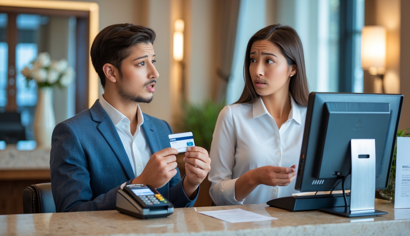 A hotel guest holding a debit card talks to a receptionist at the front desk in a modern hotel lobby.