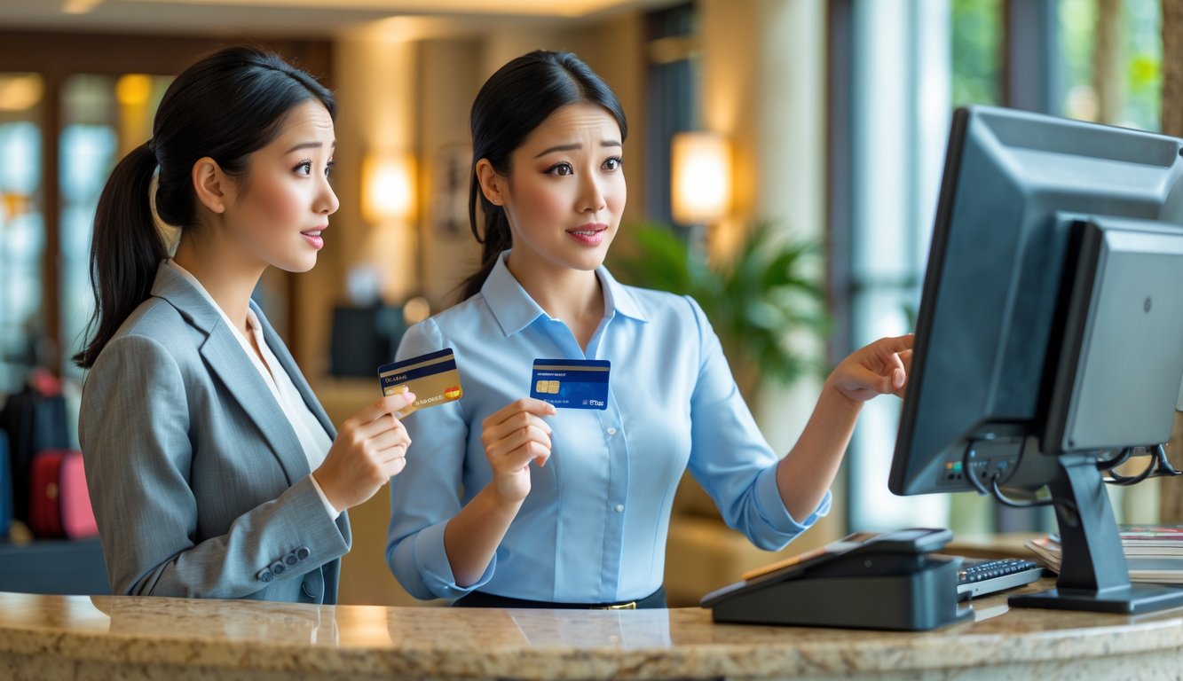 A hotel guest holding a debit card talks with a receptionist at the front desk in a modern hotel lobby.