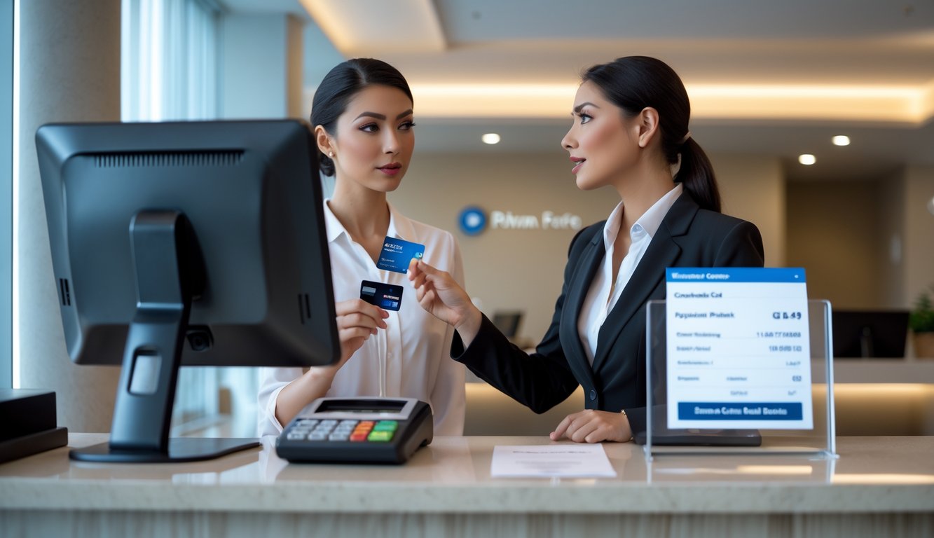 A hotel receptionist talks to a guest holding a debit card at the front desk with a computer and receipt on the counter.